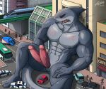  2_penises abs absurd_res alkan anthro big_muscles big_pecs black_eyes city city_background city_crushing erection fish genitals grey_body hi_res lamniform male marine megalodon moobs multi_genitalia multi_penis multicolored_body muscular muscular_anthro muscular_male navel nipples nude nude_anthro nude_male open_mouth outside pecs penis pink_penis red_eyes shark sitting sitting_on_ground solo 