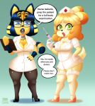  animal_crossing ankha_(animal_crossing) anthro big_breasts black_high_heels blue_eyes blue_hair blue_lipstick blue_stripes blush blush_lines breasts canid canine canis cleavage clipboard clothed clothing dialogue doctor domestic_cat domestic_dog duo egyptian_headdress eyelashes eyewear felid feline felis female footwear fur glasses green_background green_eyes grey_clothing grey_legwear hair hand_on_hip hi_res huge_breasts isabelle_(animal_crossing) legwear lipstick looking_at_viewer makeup mammal nintendo nipple_outline nipple_piercing nipples nurse nurse_clothing open_mouth orange_body orange_fur piercing pink_clothing pink_footwear pink_shoes pupils raccoon_sama rectangular_glasses red_lipstick shih_tzu shoes short_hair simple_background slightly_chubby slit_pupils speech_bubble stockings stripes syringe tan_body tan_fur text thick_thighs toy_dog white_body white_clothing white_fur white_glove white_legwear white_stockings wide_hips yellow_body yellow_fur 