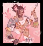  1boy abs armor arrow_(projectile) asian bare_pectorals beard bow_(weapon) brown_hair closed_eyes cowboy_shot cupid cupid_hanzo dark-skinned_male dark_skin duckiegrumpy earrings eyelashes eyeshadow facial_hair flower_tattoo greek_clothes hair_strand hanzo_(overwatch) heart heart_belt heart_earrings heart_print highres holding holding_bow_(weapon) holding_weapon jewelry magical_boy makeup male_focus mastectomy_scar mature_male meme nipples official_alternate_costume oversized_object overwatch pauldrons pectorals pink_background pink_nails pink_wings short_hair shoulder_armor solo tattoo thick_eyebrows toned toned_male u_u valentine weapon wings yassification_(meme) 