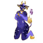  2023 absurd_res anthro arcadeafterdark big_breasts bovid bovine breasts cattle collar collar_only colored digital_media_(artwork) female fur genitals hair hi_res horn looking_at_viewer mammal nipples nude pinup pose presenting pussy selene_(aad) simple_background smile solo space_cow sparkles 