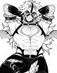  1boy abs alternate_costume arataki_itto arms_behind_head bara blush dante_(rottendevilman) demon_wings fang feet_out_of_frame fishnet_pantyhose fishnet_sleeves fishnets forked_eyebrows genshin_impact greyscale heart heart_tattoo highres horns large_pectorals long_hair male_focus mini_wings monochrome muscular muscular_male navel nipples oni oni_horns pants pantyhose pectorals skin_fang slit_pupils solo stomach_tattoo tattoo thick_eyebrows thighs toned toned_male wings 