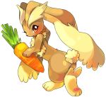  2007 ambiguous_gender blonde_hair blush brown_body brown_fur butt carrot digital_media_(artwork) eyelashes food fur generation_4_pokemon hair holding_food holding_object kemono leaning leaning_forward looking_back lopunny nintendo open_mouth open_smile pawpads paws plant pokemon pokemon_(species) shaded simple_background smile solo standing suppainu three-quarter_view vegetable white_background yellow_body yellow_fur 