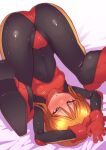 1girl absurdres ass black_bodysuit blush bodysuit breasts bright_pupils cameltoe covered_navel gloves gundam gundam_zz highres impossible_bodysuit impossible_clothes latex latex_bodysuit lying on_back onimaru_(onimal7802) orange_hair pilot_suit puru_two red_gloves shiny_clothes short_hair skin_tight small_breasts solo sweat white_pupils 