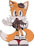  1boy animal_ears animal_nose blue_eyes body_fur brown_capelet brown_headwear capelet digimin fedora fox_boy fox_ears fox_tail full_body furry furry_male gloves hands_up hat looking_at_viewer male_child male_focus mini_hat multiple_tails non-web_source official_art open_mouth plaid_capelet red_footwear shoes simple_background socks solo standing tail tails_(sonic) the_murder_of_sonic_the_hedgehog transparent_background two-tone_fur two_tails white_fur white_gloves white_socks yellow_fur 