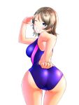  1girl ass bent_over blush breasts brown_hair cameltoe chishio_(onoderayui) competition_swimsuit from_behind highres looking_at_viewer love_live! one-piece_swimsuit salute short_hair solo swimsuit thighs watanabe_you wavy_hair 