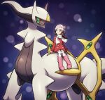  2019 all_fours arceus boots clothing digital_drawing_(artwork) digital_media_(artwork) duo eye_contact female feral footwear generation_4_pokemon hat headgear headwear human legendary_pokemon looking_at_another mammal nintendo on_ice_(artist) pokemon pokemon_(species) purple_background scarf simple_background sitting_on_another size_difference smile standing white_body 
