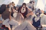  4boys abs alca_the_lion animal_ears bara beard beenic black_hair chest_hair commission couch destroycode dog_boy facial_hair feet_out_of_frame fiery_headphones furry furry_male grey_fur gyee highres large_pectorals lion_boy lion_ears lion_tail looking_at_viewer loose_necktie male_focus mature_male multiple_boys muscular muscular_male necktie on_couch orange_necktie original partially_unbuttoned pectoral_cleavage pectorals romg_the_tiger second-party_source seductive_smile short_hair sitting sleeves_rolled_up smile tail thick_eyebrows uutiger 
