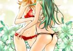  2girls ass black_panties bra breasts commentary english_commentary green_flower green_hair lingerie long_hair multiple_girls navel orange_hair original panties ratana_satis red_bra red_panties underwear yuri 