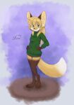  anthro averi_(fiddleafox) brown_body brown_fur canid canine clothing dipstick_tail female female_anthro fox ftstar fur gloves_(marking) green_clothing green_eyes hair hi_res leg_markings looking_at_viewer mammal markings simple_background socks_(marking) solo standing sweater tail tail_markings topwear white_body white_fur 