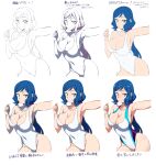  1girl aqua_eyes armpits batta_16-sei blue_background blue_hair blush breasts cleavage closed_mouth commentary competition_swimsuit covered_navel cowboy_shot gundam gundam_build_fighters highres how_to iori_rinko large_breasts lineart long_hair looking_at_viewer low_ponytail mature_female multicolored_clothes multicolored_swimsuit one-piece_swimsuit outstretched_arm parted_bangs partially_colored ponytail scrunchie signature simple_background smile solo standing swimsuit white_one-piece_swimsuit 