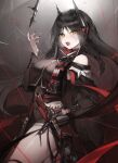  +_+ 1girl absurdres arknights bare_shoulders black_hair black_shirt black_shorts breasts demon_horns hair_between_eyes hand_up highres horns ines_(arknights) large_breasts long_hair long_sleeves looking_at_viewer open_mouth ribiadan shirt shorts solo sword teeth thighs tongue upper_teeth_only very_long_hair weapon yellow_eyes 