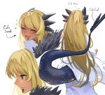  1girl back blonde_hair blush breasts chin_piercing closed_eyes dark-skinned_female dark_skin dragon_girl dragon_horns dragon_tail facial_mark fate/grand_order fate_(series) fur-trimmed_jacket fur_trim highres horns jacket long_hair long_skirt long_sleeves multiple_views obazzotto open_mouth sharp_teeth skirt smile swept_bangs tail teeth vritra_(fate) white_jacket white_skirt yellow_eyes 