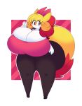  anthro big_breasts big_butt blonde_hair braixen breasts butt cleavage clothed clothing dewy-eyedboy fangs female fur generation_6_pokemon gesture hair hi_res huge_breasts huge_butt huge_thighs hyper hyper_breasts hyper_butt looking_at_viewer multicolored_hair nintendo pokemon pokemon_(species) red_eyes red_hair smile solo standing tail teeth thick_thighs v_sign white_body white_fur 