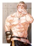  1boy abs bandaged_hand bandages bandaid bandaid_on_cheek bandaid_on_face bara black_shorts blonde_hair boxing_gloves bruise bulge clothes_pull dog_tags edging_underwear facial_hair feet_out_of_frame highres hima_(nichikan) injury jewelry jockstrap large_pectorals long_sideburns looking_at_viewer male_focus male_underwear male_underwear_peek mature_male muscular muscular_male navel navel_hair necklace nipples original pectorals raised_eyebrows short_hair shorts shorts_pull sideburns solo spiked_hair steaming_body stomach stubble thick_eyebrows thick_thighs thighs topless_male underwear veins veiny_arms white_male_underwear 