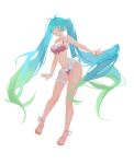  1girl absurdres ahoge bare_arms bare_legs bikini blue_eyes blue_hair blush breasts cleavage collarbone frilled_bikini frills front-tie_bikini_top front-tie_top full_body gradient_hair green_hair hair_between_eyes hatsune_miku highres long_hair looking_at_viewer medium_breasts multi-strapped_bikini multicolored_hair open_mouth red_bikini solo standing swimsuit thigh_strap twintails very_long_hair vocaloid yazawa_yuki 