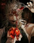  1boy apple armpit_crease black_lips black_nails blonde_hair blood blood_on_face cup dio_brando drinking_glass earrings fangs fingernails food fruit highres holding holding_cup jewelry jojo_no_kimyou_na_bouken lion long_hair looking_at_viewer male_focus muscular muscular_male ring sharp_fingernails sleeveless stardust_crusaders thorns vampire wine_glass xiaoqisevenner yellow_eyes 