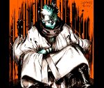  1boy black_scarf black_socks blood blood_splatter commentary dated facial_tattoo greyscale_with_colored_background highres japanese_clothes jujutsu_kaisen kimono kotteri looking_at_viewer orange_background ryoumen_sukuna_(jujutsu_kaisen) scarf short_hair simple_background sitting socks solo spiked_hair tattoo white_kimono 