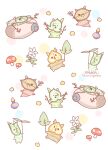  asakoline backpack bag blue_flower brown_bag closed_mouth flower holding holding_leaf korok leaf mushroom no_humans one_eye_closed open_mouth polka_dot polka_dot_background solid_circle_eyes the_legend_of_zelda the_legend_of_zelda:_breath_of_the_wild twitter_username vial white_background 