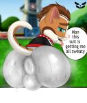  3d_effect anus big_butt biker_gear biker_jacket blue_eyes blurred_background bodily_fluids bottomwear brown_hair bulge butt clothing collar fangs felid feline feral fur fur_markings gear grass hair hi_res looking_back male mammal markings mohawk multicolored_body multicolored_fur musk nickelodeon open_mouth paw_patrol pepperbunny pink_nose plant presenting presenting_hindquarters puffy_anus raised_tail solo speech_bubble sweat sweaty_butt tail teeth text tight_bottomwear tight_clothing tongue tongue_out waist_belt watermark whiskers wild_(paw_patrol) 