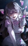  1girl apron bandaged_arm bandages between_legs black_hair blunt_bangs blunt_ends blush breasts chromatic_aberration collared_shirt crazy_eyes danganronpa_(series) danganronpa_2:_goodbye_despair drooling eyes_visible_through_hair glitch grey_eyes hand_between_legs heart heart_in_eye highres holding holding_syringe large_breasts long_hair looking_at_viewer mole mole_under_eye onyang open_mouth pink_shirt puffy_short_sleeves puffy_sleeves shirt short_sleeves signature smile solo spoilers sweat symbol_in_eye syringe tsumiki_mikan white_apron 