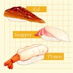  commentary eel english_commentary english_text fish_(food) food food_focus food_name grid_background nigirizushi no_humans original rice sesame_seeds shrimp simple_background still_life sushi yellow_background yuki00yo 