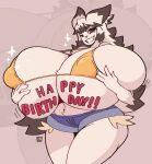  anthro birthday black_hair bottomwear bra breasts clothing female fur hair hi_res holding_breast huge_thighs looking_at_viewer low_res_art motion_lines multicolored_hair one_eye_closed red_eyes shorts signature smile solo standing teeth text thick_thighs underwear unknown_character unknown_species watermark white_body white_fur white_hair wide_hips wink 
