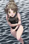  1girl black_one-piece_swimsuit breasts brown_eyes brown_hair cold commentary_request commission competition_swimsuit feet_out_of_frame highres idolmaster idolmaster_cinderella_girls long_hair multicolored_clothes multicolored_swimsuit one-piece_swimsuit open_mouth pataneet pixiv_commission small_breasts snow solo swimsuit takamori_aiko wading water 