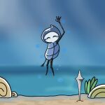  1boy ^_^ arm_at_side arm_up arthropod_boy blue_background blue_theme blurry blurry_background blush blush_stickers closed_eyes commentary facing_viewer floating full_body happy hollow_knight light_particles male_focus nail_(hollow_knight) planted quirrel sakana_2-gou solo spirit spoilers waving 