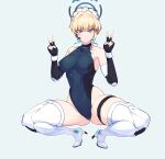  1girl bare_shoulders black_gloves blonde_hair blue_archive blue_eyes blue_leotard boots breasts covered_navel depo_(typebaby505) double_v elbow_gloves fingerless_gloves full_body gloves halo hands_up high_heels highleg highleg_leotard highres large_breasts leotard maid_headdress medium_hair solo squatting thigh_boots thigh_strap thighs toki_(blue_archive) v white_footwear white_headwear 