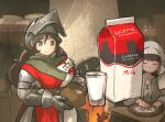  armor balance_scale_print bassinet belt brown_hair cauldron cup drinking_glass fireplace gambeson gauntlets gloves habit helmet highres ironlily jug_(bottle) lady_lucerne_(ironlily) long_hair medieval milk milk_carton multiple_girls ordo_mediare_sisters_(ironlily) sparkle standing surcoat table twin_braids_sister_(ironlily) 