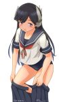  1girl black_hair blue_one-piece_swimsuit blue_sailor_collar blush covered_navel cowboy_shot dated headgear i-400_(kancolle) kantai_collection long_hair looking_at_viewer neckerchief one-piece_swimsuit one-piece_tan open_mouth pleated_skirt ray.s red_neckerchief sailor_collar school_swimsuit school_uniform serafuku shirt simple_background skirt smile solo swimsuit swimsuit_under_clothes tan tanlines twitter_username undressing white_background white_shirt 