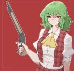  1girl angry breasts green_hair gun highres kazami_yuuka lever_action looking_at_viewer mata_(matasoup) plaid plaid_skirt plaid_vest red_background red_eyes red_skirt red_vest shirt short_hair shotgun skirt solo torn_clothes touhou vest weapon white_shirt winchester_model_1887 