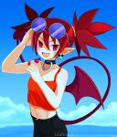 1girl :d adjusting_eyewear adjusting_hair artist_name bare_shoulders black_choker black_skirt blue-tinted_eyewear blue_sky blush breasts camisole candy choker cleavage cloud collarbone commentary cowboy_shot crop_top demon_girl demon_tail demon_wings disgaea earrings english_commentary etna_(disgaea) eyewear_on_head fang food hair_between_eyes hair_up hand_up highres holding holding_candy holding_food holding_lollipop jewelry lollipop looking_at_viewer lounaticy midriff navel o-ring o-ring_choker ocean open_fly open_mouth outdoors pointy_ears red_camisole red_eyes red_hair round_eyewear scrunchie skirt skull_earrings sky sleeveless slit_pupils small_breasts smile solo sunglasses tail tinted_eyewear twintails unbuttoned v-shaped_eyebrows wings yellow_scrunchie 