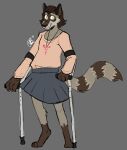  2023 anthro bottomwear brown_body brown_fur brown_hair brown_markings clothing crutch digital_media_(artwork) disability ear_piercing female flat_colors fur gender_symbol grey_body grey_fur grey_markings hair happy hi_res insomniactix mammal markings medical_instrument paws piercing procyonid raccoon scientific_instrument sketch skirt smile solo sweater symbol topwear trans_(lore) trans_woman_(lore) transgender_symbol white_body white_fur white_markings yellow_eyes 