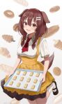  1girl :3 absurdres alternate_costume animal_ears apron bagel baking baking_sheet bare_arms black_footwear blush bone_hair_ornament braid bread breasts brown_eyes brown_hair brown_skirt collared_shirt commentary cookie croissant dog_ears dog_girl dog_tail doughnut food food-themed_background food_request hair_ornament hair_over_shoulder hairclip highres holding holding_tray hololive hot_dog inugami_korone knees_out_of_frame looking_at_viewer low_twin_braids mary_janes medium_breasts medium_hair nail_polish neckerchief omochiarts open_mouth red_neckerchief shirt shoes short_sleeves side_braids sidelocks simple_background skirt smile socks solo tail tray twin_braids virtual_youtuber white_background white_shirt white_socks yellow_apron yellow_nails yubi_yubi_(inugami_korone) 