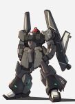  arms_at_sides clenched_hands commentary full_body green_eyes gundam highres legs_apart mecha mobile_suit no_humans one-eyed rick_dias robot science_fiction shadow simple_background solo standing takahashi_masaki white_background 