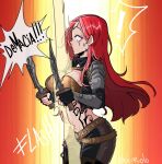  1girl absurdres artist_name belt black_gloves black_pants breasts brown_belt brown_pants cowboy_shot dual_wielding fingerless_gloves gloves highres holding holding_weapon katarina_(league_of_legends) large_breasts league_of_legends long_hair nail_polish pants red_background red_hair rolo&#039;s_art scar scar_across_eye shiny_skin solo speech_bubble stomach_tattoo surprised sweat tattoo two-tone_pants weapon yellow_background 