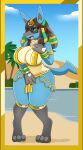  absurd_res anthro big_breasts blue_body breasts brown_hair clothed clothing eyewear female generation_4_pokemon glasses green_eyes hair hi_res holowear_(pokemon) lake lucario nintendo partially_clothed pokemon pokemon_(species) pokemon_unite ruins_style_lucario sand solo spikes spikes_(anatomy) tail urusee584 