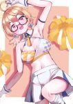  1girl absurdres armpits blonde_hair blue_archive blush breasts carmi11la cheerleader glasses highres kotori_(blue_archive) large_breasts looking_at_viewer lying miniskirt navel pom_pom_(cheerleading) short_hair skirt solo 