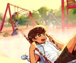  +_+ 3boys artist_name backpack bag black_eyes black_hair blush bottle brown_eyes brown_hair brown_shorts collared_shirt dark-skinned_male dark_skin day highres kel_(omori) mikhael_(omori) multiple_boys omori open_mouth outdoors playground shirt short_hair shorts sitting slide smile sunny_(omori) swing_set swinging teeth upper_teeth_only water_bottle white_shirt zipsunz 