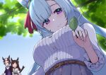  3girls bare_shoulders blue_hair blurry blurry_background blush bow commentary_request detached_sleeves ear_bow ear_ornament floral_print hair_between_eyes highres light_blue_hair long_hair long_sleeves looking_at_viewer mejiro_ardan_(umamusume) mejiro_dober_(umamusume) mejiro_ryan_(umamusume) missile_(55missile) multicolored_hair multiple_girls official_alternate_costume open_mouth outdoors purple_eyes short_hair smile streaked_hair tail_raised umamusume white_hair 