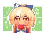  1girl blonde_hair blush bow eating elf food fruit hair_bow high_ponytail holding holding_food holding_fruit hololive long_hair multicolored_hair nokiri pointy_ears red_eyes shiranui_flare sidelocks solo strawberry virtual_youtuber white_sleeves wide_sleeves 