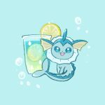  :3 animal_focus blue_background blue_eyes blue_theme bubble chibi commentary cup drink drinking_glass food food_focus fruit full_body happy kinakomochi_(monsteromochi) lemon lemon_slice lime_(fruit) lime_slice looking_at_viewer no_humans open_mouth pokemon pokemon_(creature) simple_background sitting smile solo vaporeon 