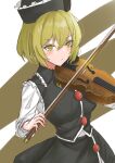  1girl absurdres black_headwear black_skirt black_vest blonde_hair blush bow_(music) breasts bright_pupils hat highres holding holding_instrument instrument kuraki large_breasts looking_at_viewer lunasa_prismriver qingdai_guanmao shirt short_hair skirt solo touhou vest violin white_shirt 