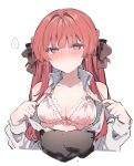  ... 1girl anna_(ikeuchi_tanuma) black_bow black_skirt blush bow bra breasts cleavage closed_mouth collared_shirt cropped_torso furrowed_brow hair_between_eyes hair_bow high-waist_skirt highres ikeuchi_tanuma lace-trimmed_bra lace_trim long_bangs long_hair medium_breasts nose_blush open_clothes open_shirt opened_by_self original pink_bra purple_eyes red_hair shirt sidelocks simple_background skirt solo spoken_ellipsis straight_hair sweatdrop underwear white_background white_shirt 