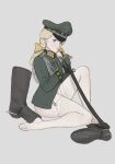  1girl aiguillette blonde_hair boots garter_straps german_army green_eyes grey_background hair_ribbon hat highres holding holding_sword holding_weapon mg_g military military_hat military_uniform no_pants on_ground original reichsadler ribbon saber_(weapon) simple_background spurs sword thighhighs totenkopf uniform weapon wehrmacht white_thighhighs world_war_ii 
