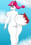  absurd_res anthro big_breasts big_butt breasts butt butt_focus canid canine clothing epic_games female fortnite fox genitals hi_res humanoid kimiko_five_tails legwear looking_at_viewer looking_back looking_down mammal nipples pussy samrunner solo thick_thighs thigh_highs white_body 