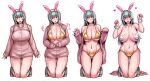  1girl :d :o animal_ears blush breasts choker cleavage closed_mouth collarbone commentary curvy gold_bra gold_panties green_eyes grey_socks hair_between_eyes heart highres jacket kneeling large_breasts long_hair looking_at_viewer navel open_mouth original pasties paw_pose pink_jacket rabbit_ears red_eyes simple_background smile socks stomach tsuda_nanafushi unzipping white_background wrist_cuffs 