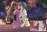  2girls after_kiss aizawa_kazuha arm_around_waist assault_lily blue_eyes blue_hair blunt_bangs brown_hair clothes_around_waist commentary eye_contact face-to-face fireworks floral_print hand_on_another&#039;s_cheek hand_on_another&#039;s_face holding_hands jacket jacket_around_waist japanese_clothes kimono lantern looking_at_another miya_hiroya_(vie) multiple_girls night night_sky obi paper_lantern pink_kimono pink_scrunchie ponytail saliva saliva_trail sash scrunchie serizawa_chikaru shirt short_hair sitting sky white_shirt yuri zoom_layer 