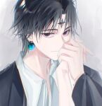  1boy black_eyes black_hair black_suit chrollo_lucilfer cross_tattoo earrings facial_mark facial_tattoo forehead_mark forehead_tattoo formal glowing glowing_earrings hair_between_eyes highres holding_hands hunter_x_hunter jewelry long_sleeves looking_at_viewer male_focus pov shirt short_hair simple_background solo suit tattoo white_background white_shirt zhongc 